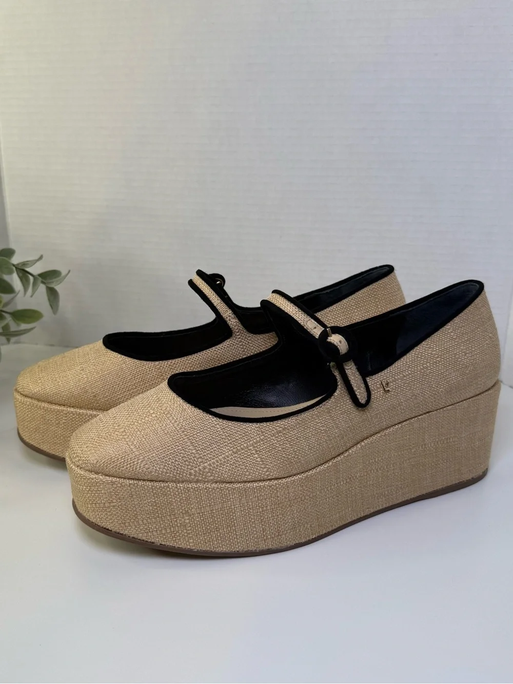 Larroude Women's Blair Flatforms Mary-Jane Raffia/Leather Shoes Women's Size 10